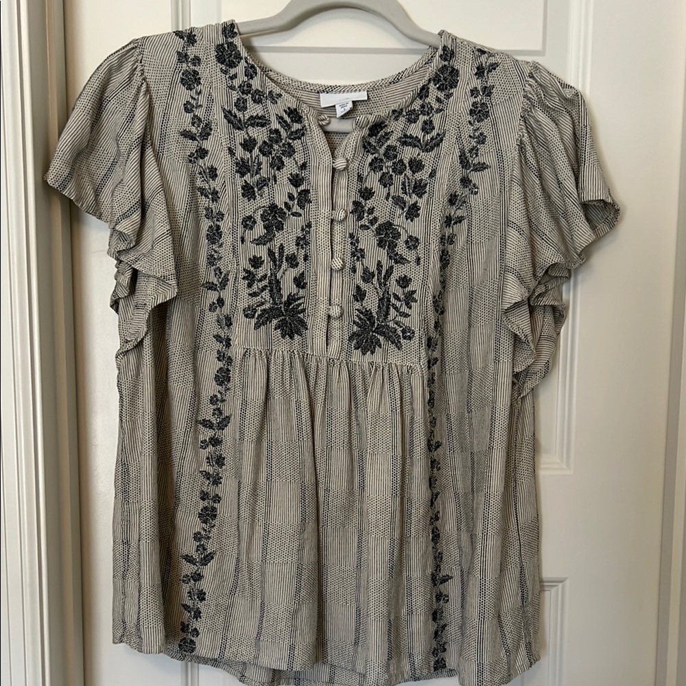 J. Jill Embroidered Flutter Sleeve Top, Size Small Petite - Picture 2 of 6